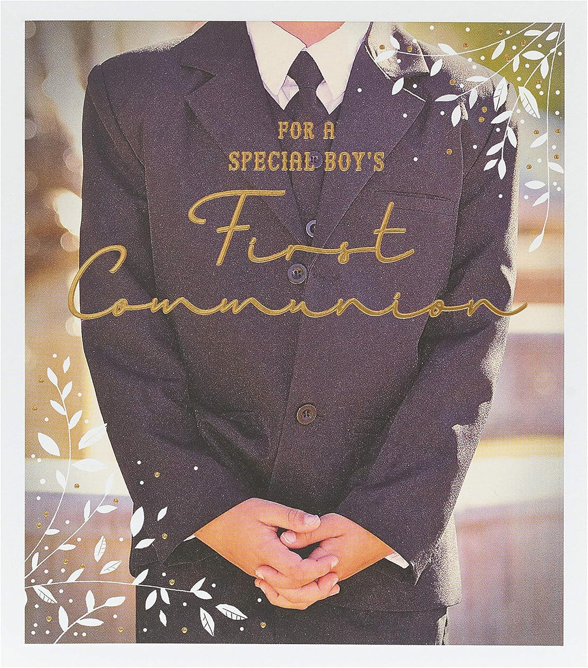 UK Greetings First Communion Card for boys, featuring religious symbols and heartfelt design, ideal for special religious occasions.