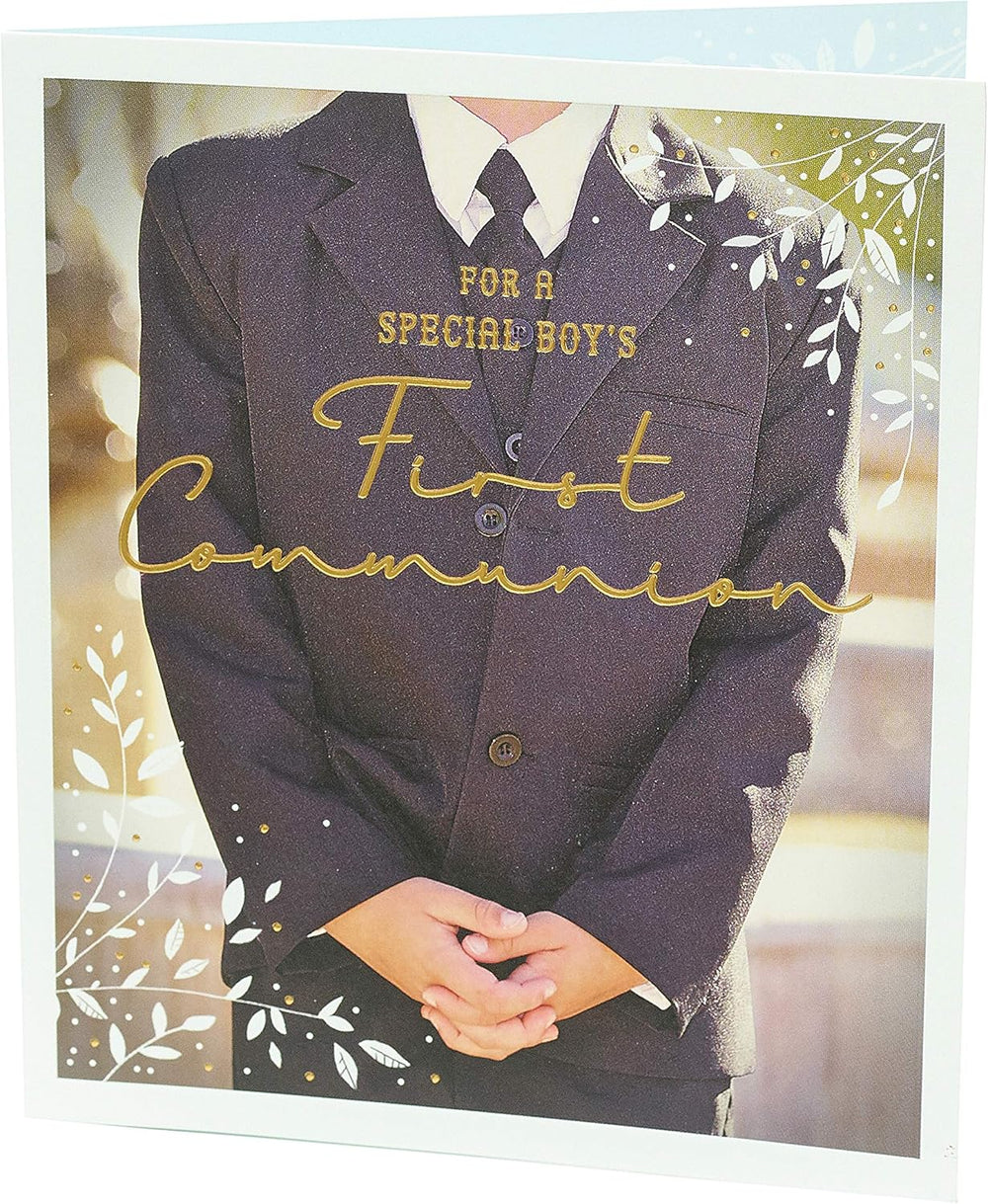 UK Greetings First Communion Card for boys featuring religious symbols and celebratory design, ideal for special religious occasions.