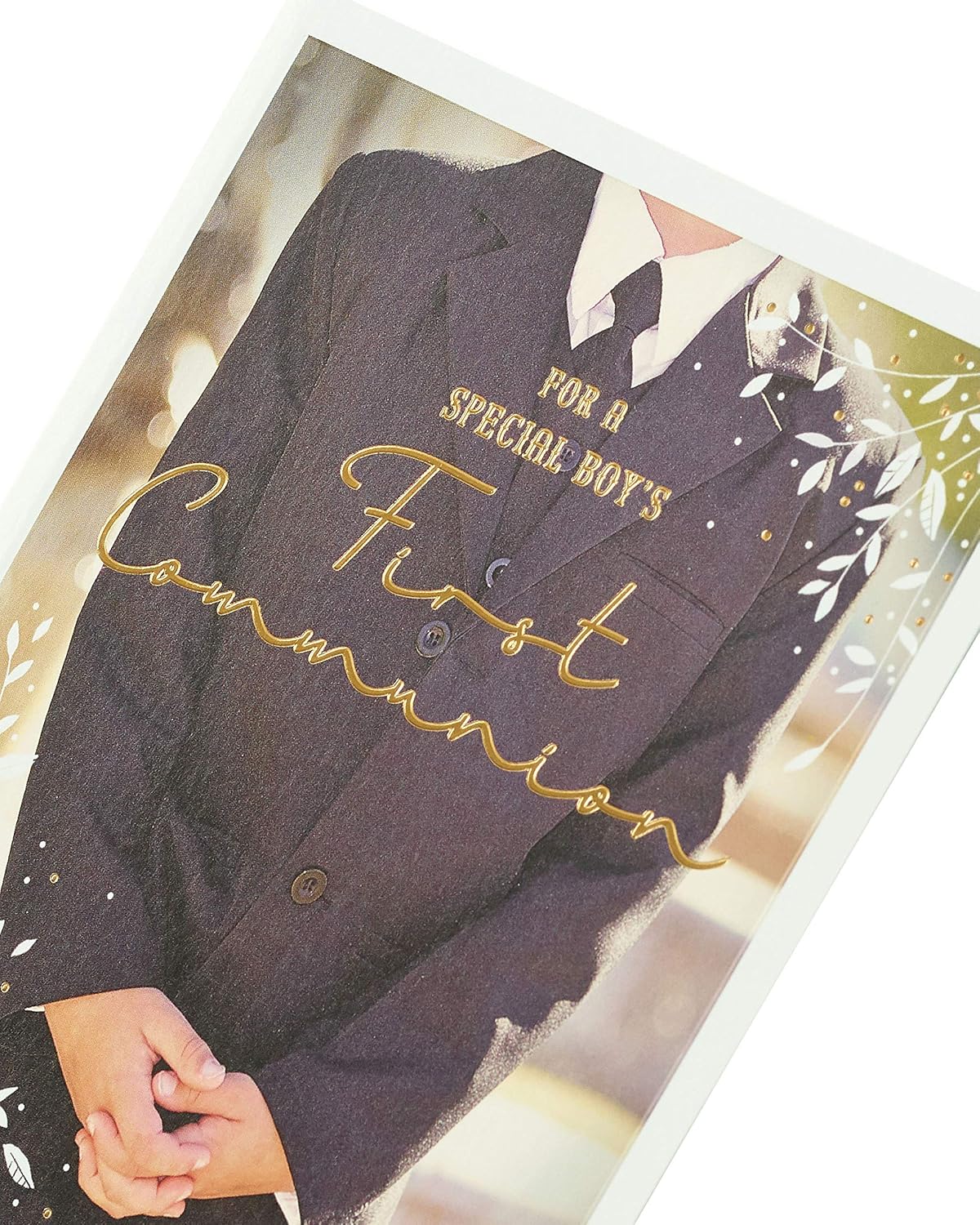 UK Greetings Special Boy's First Communion Card with religious symbols and colorful design for celebrating a boy's First Communion.