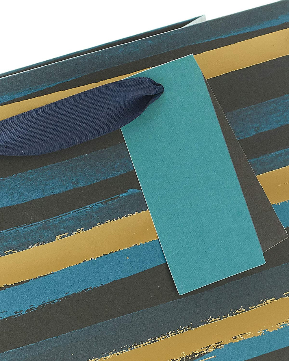 Blue and gold striped medium gift bag by UK Greetings, perfect for gift packaging, with decorative handles and a stylish design.