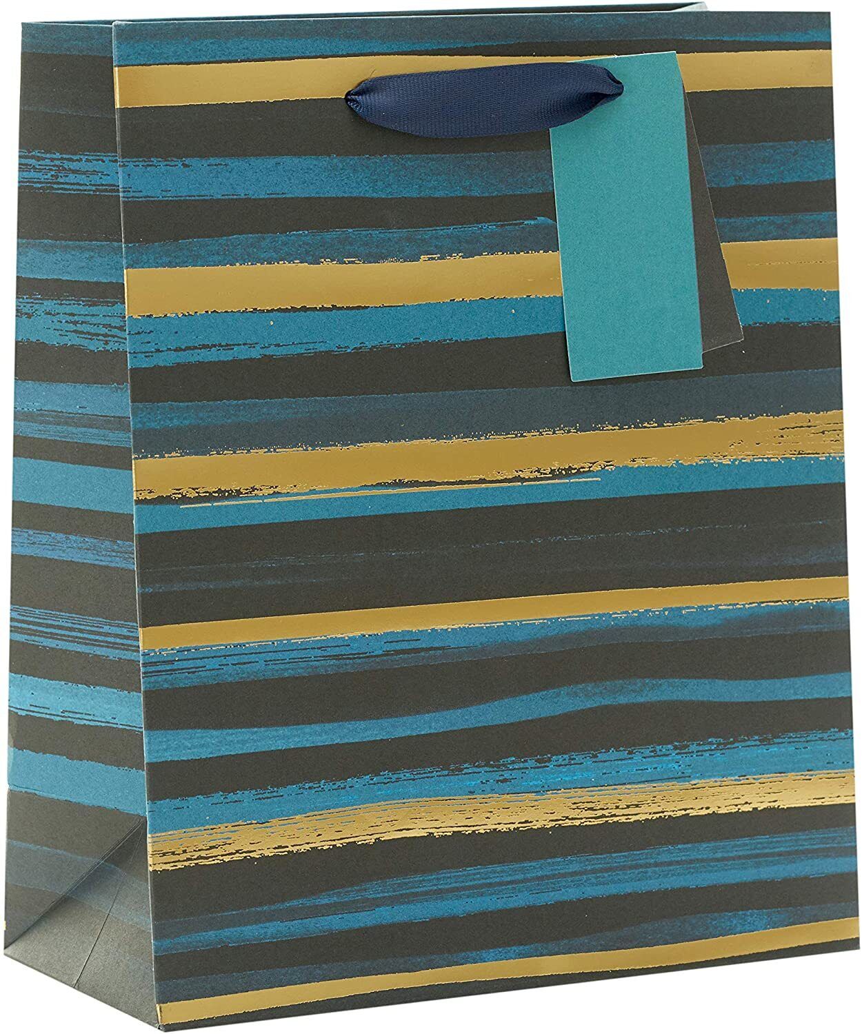 Blue and gold striped UK Greetings medium gift bag with handles, perfect for gift wrapping and presentation.