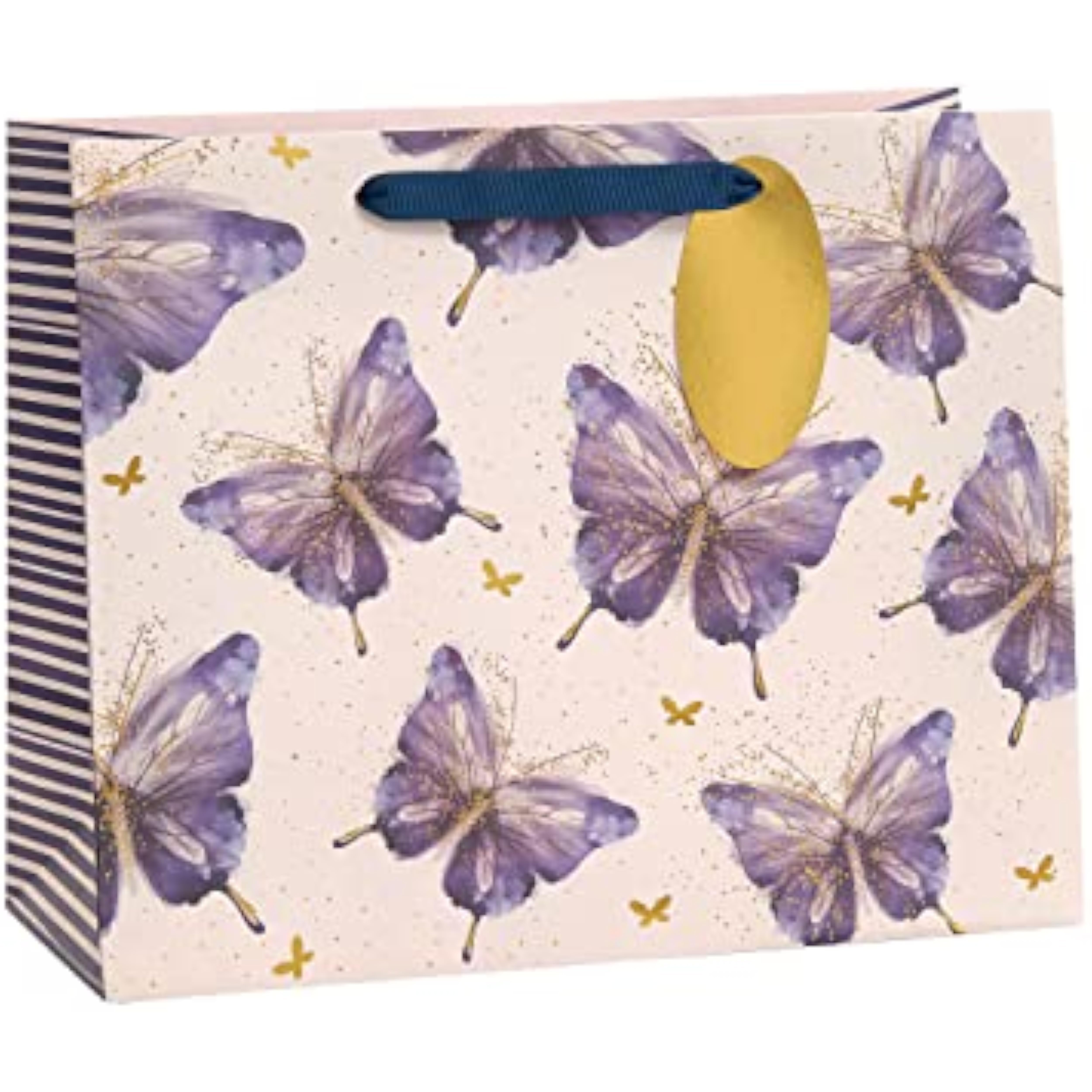 Large UK Greetings butterfly design gift bag in pink, purple, and gold with floral accents, perfect for special occasions.