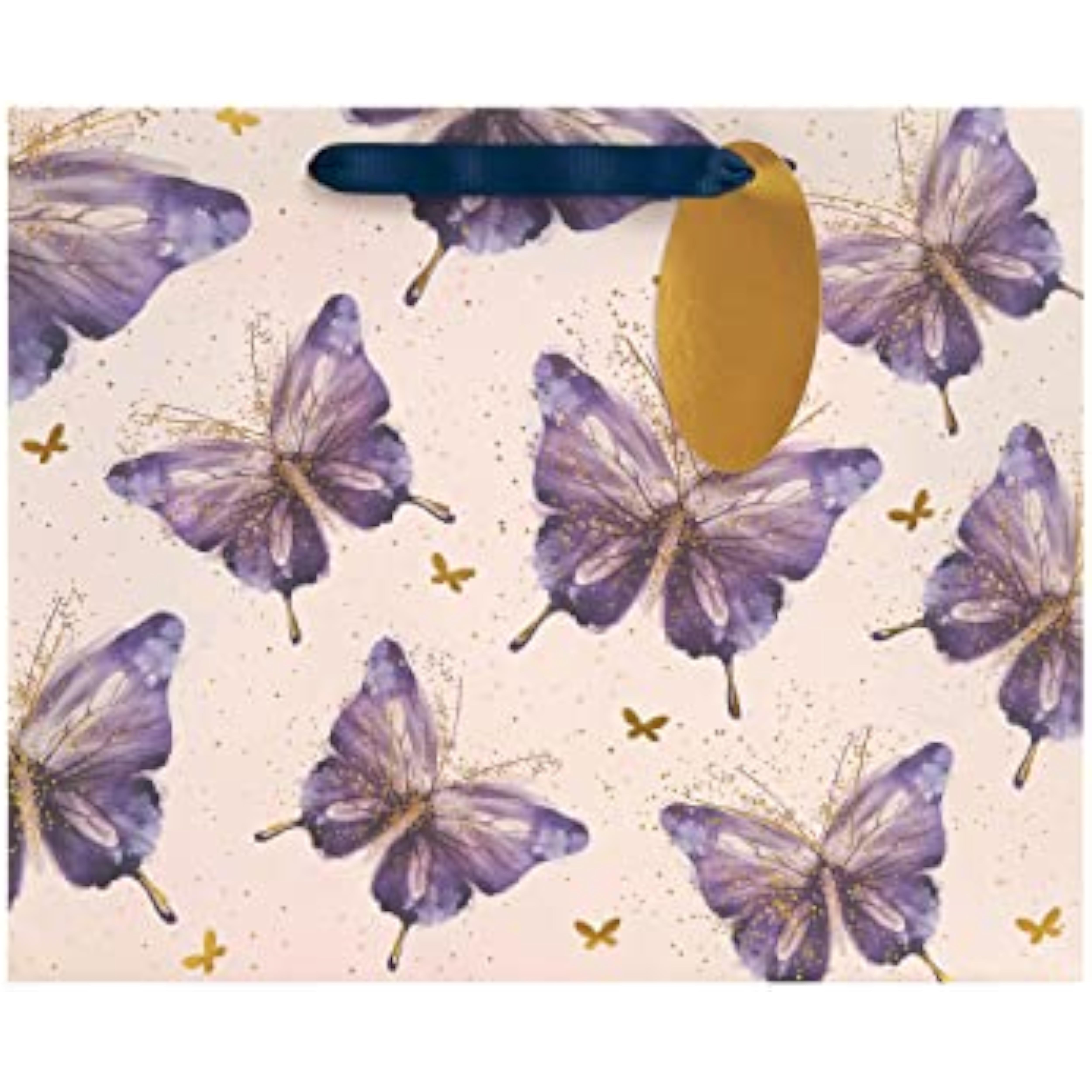 Pink, purple, and gold UK Greetings butterfly design large gift bag featuring floral patterns and sturdy handles.
