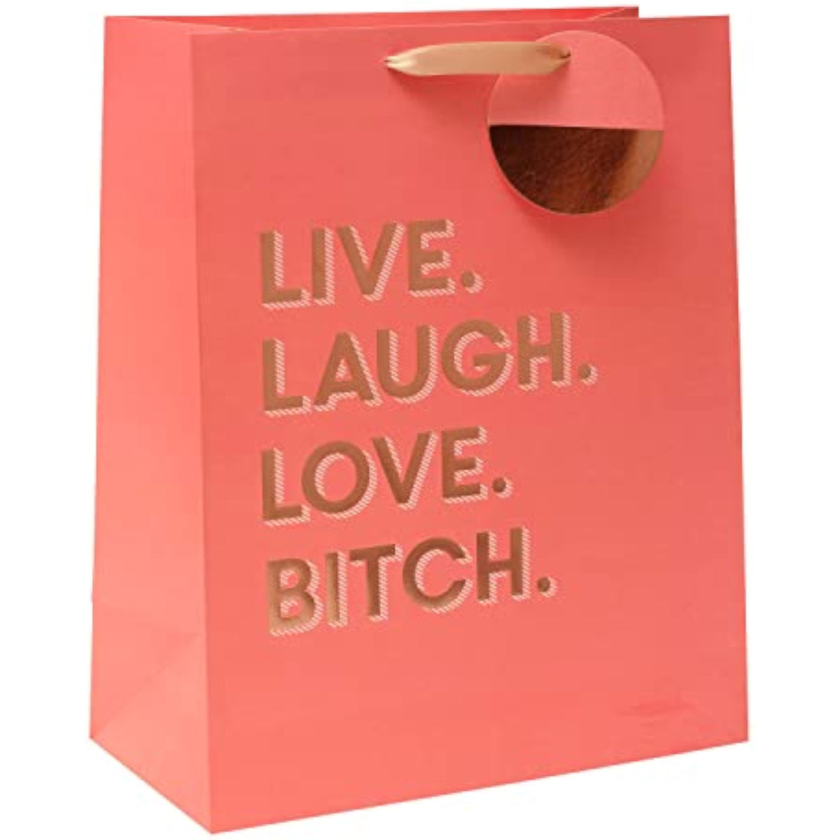 Large UK Greetings Celebration gift bag featuring humorous "Live Laugh Love Bitch" design, suitable for special occasion gifts.