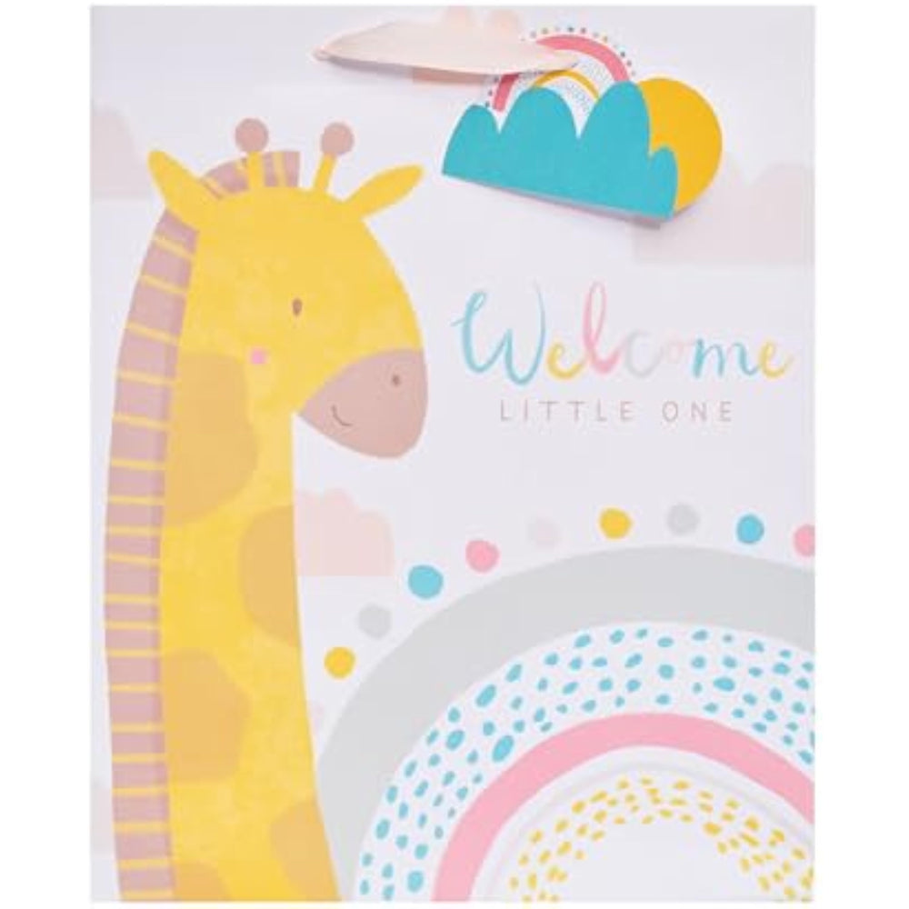 Large UK Greetings gift bag featuring a cute giraffe design, perfect for presents, with vibrant colors and playful animal artwork.