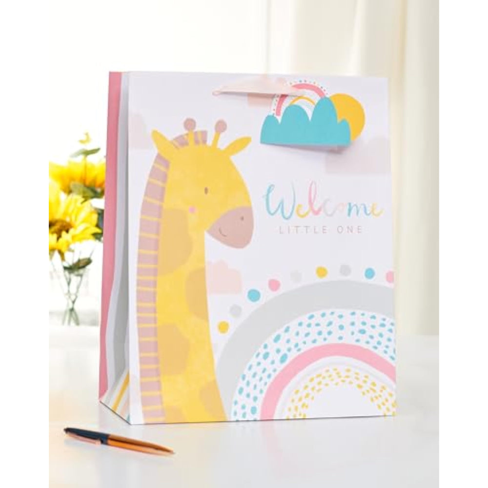 Large UK Greetings gift bag featuring a cute giraffe design, perfect for gift-giving occasions.