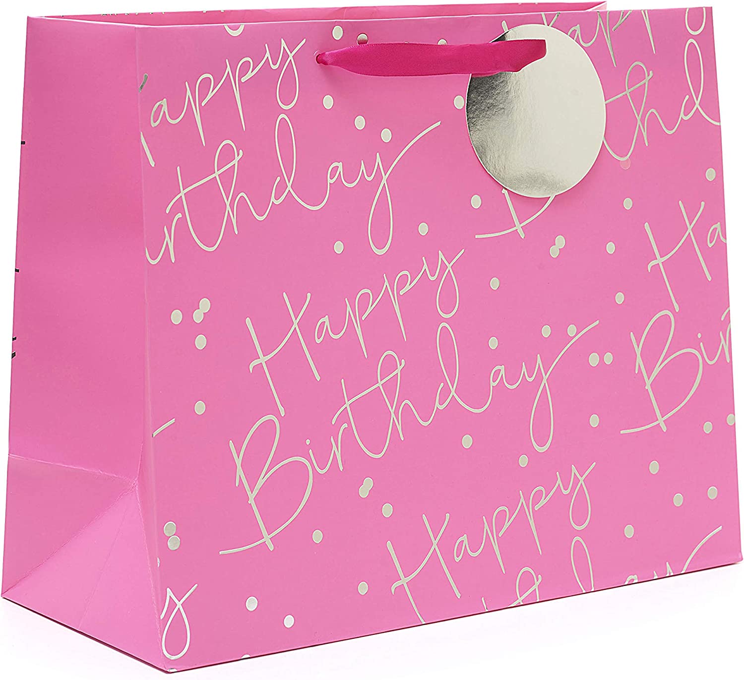 Large pink UK Greetings female birthday gift bag with happy birthday design, ideal for presenting gifts in a stylish way.