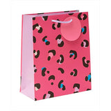 Pink leopard-themed gift bag with a tag, medium size, from UK Greetings, perfect for gift packaging.