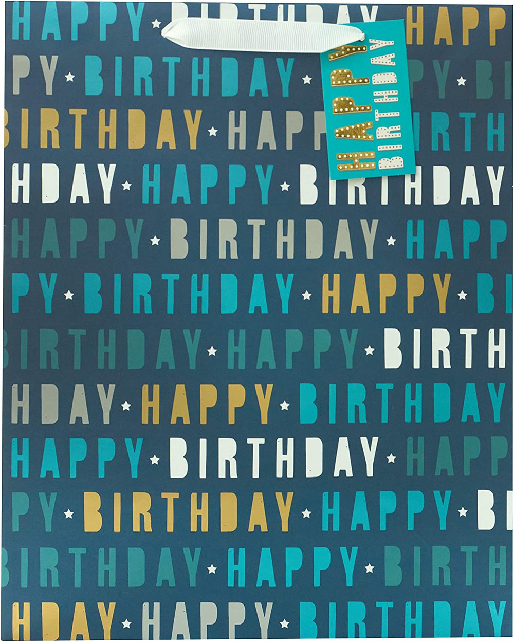 Large blue UK Greetings Happy Birthday gift bag with "Happy Birthday" text and decorative design, perfect for special celebrations.