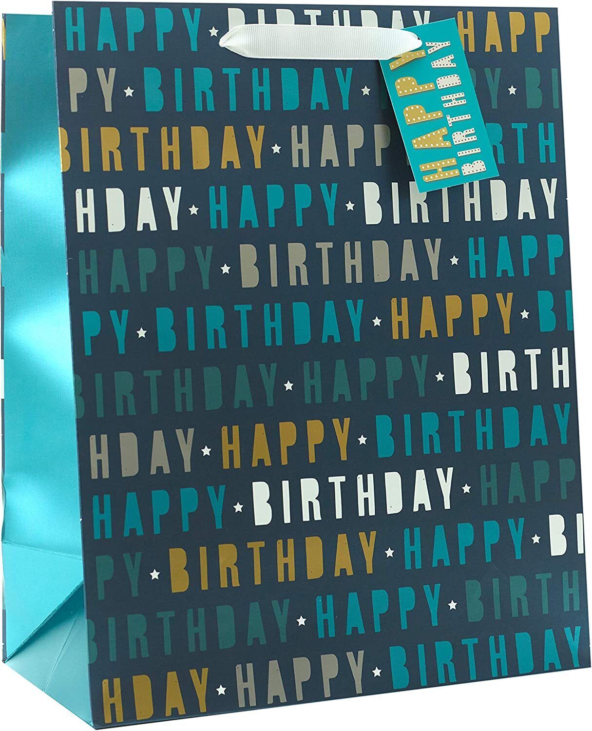 Large blue UK Greetings Happy Birthday gift bag with festive birthday designs, ideal for gift packaging.