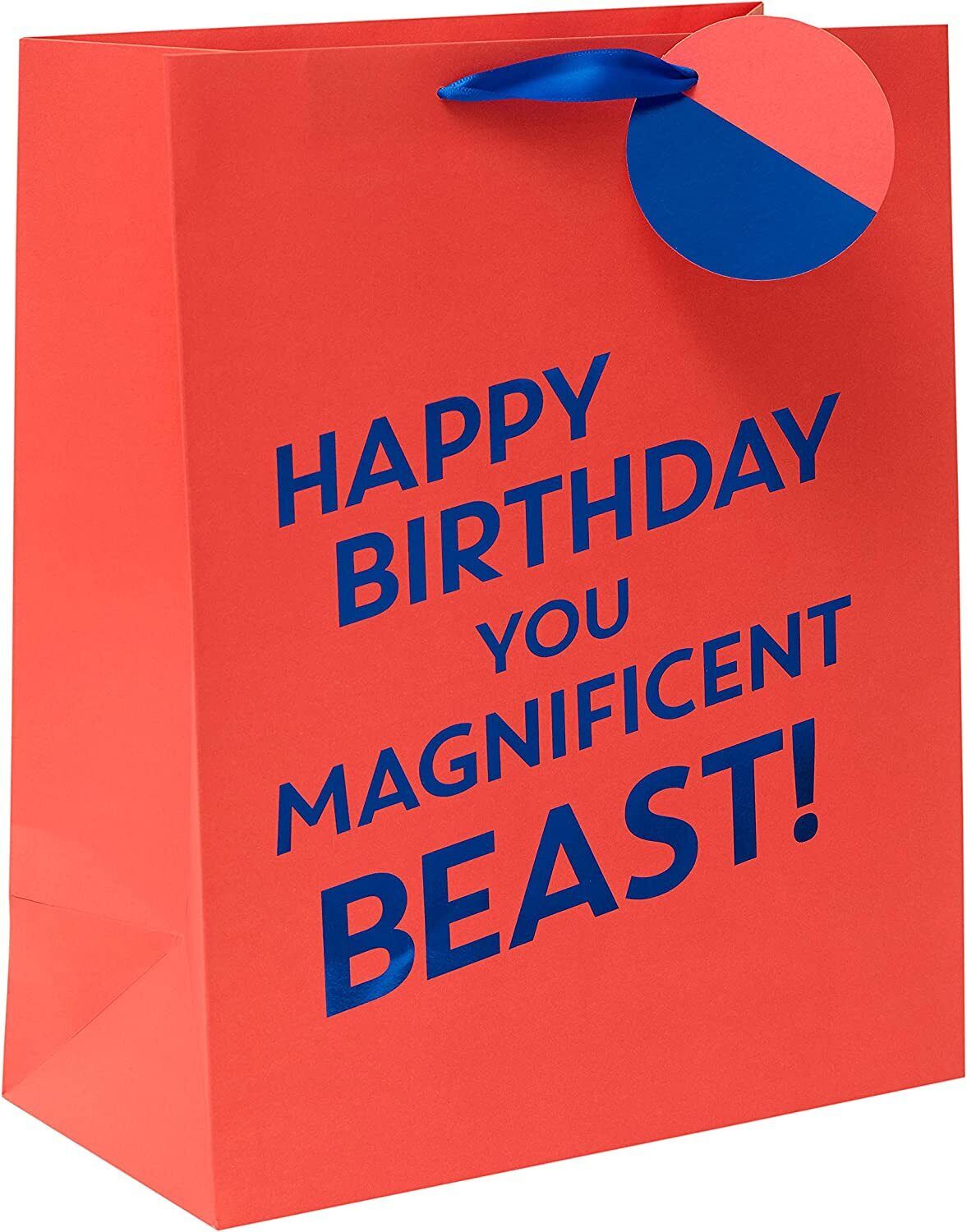 Large UK Greetings gift bag with colorful "Happy Birthday You Magnificent Beast" design, perfect for birthday presents.