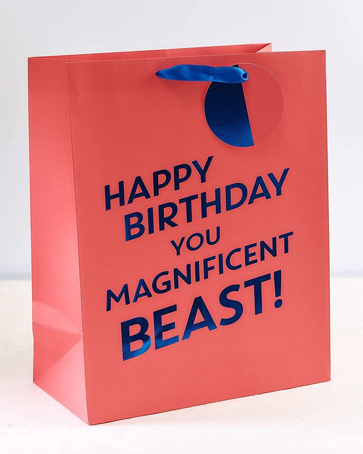 Large UK Greetings Happy Birthday You Magnificent Beast gift bag featuring colorful birthday-themed illustrations and bold lettering.