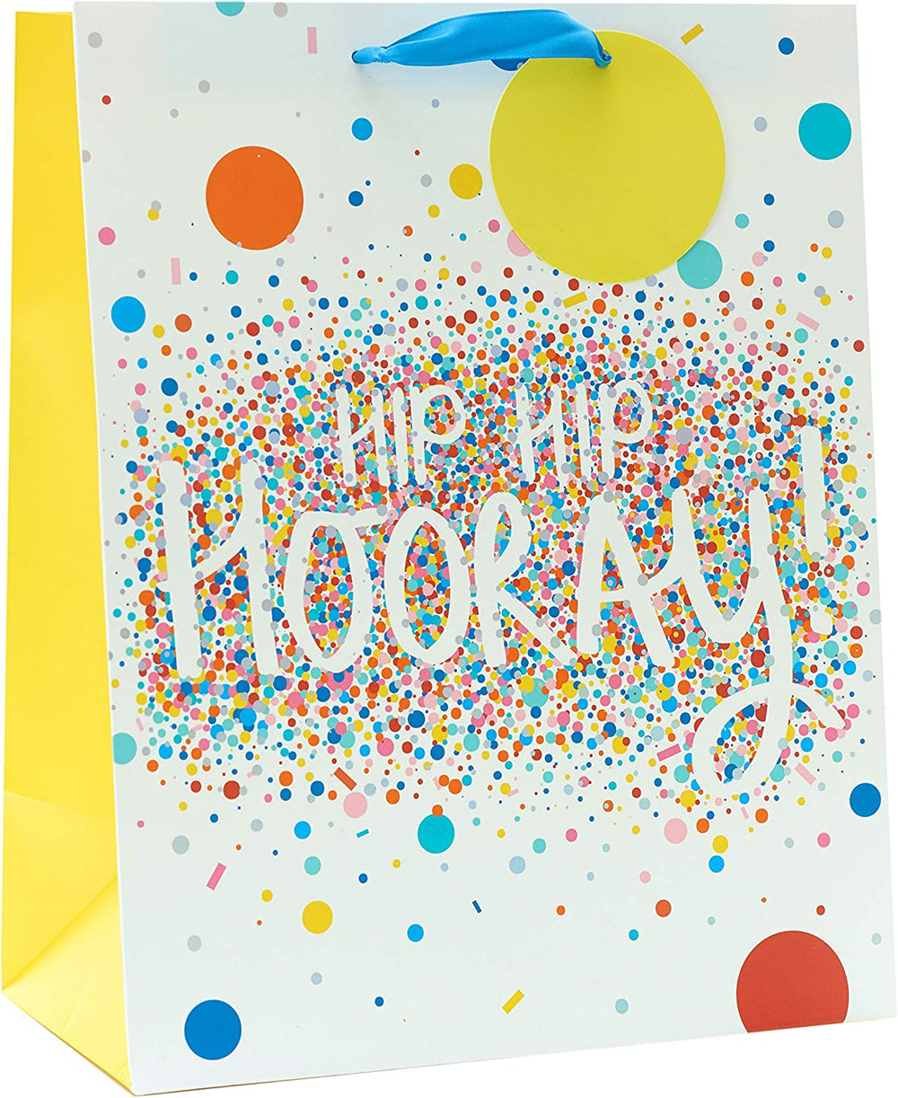 UK Greetings Hip Hip Hooray large gift bag with colorful confetti design, perfect for celebrations and special occasions.