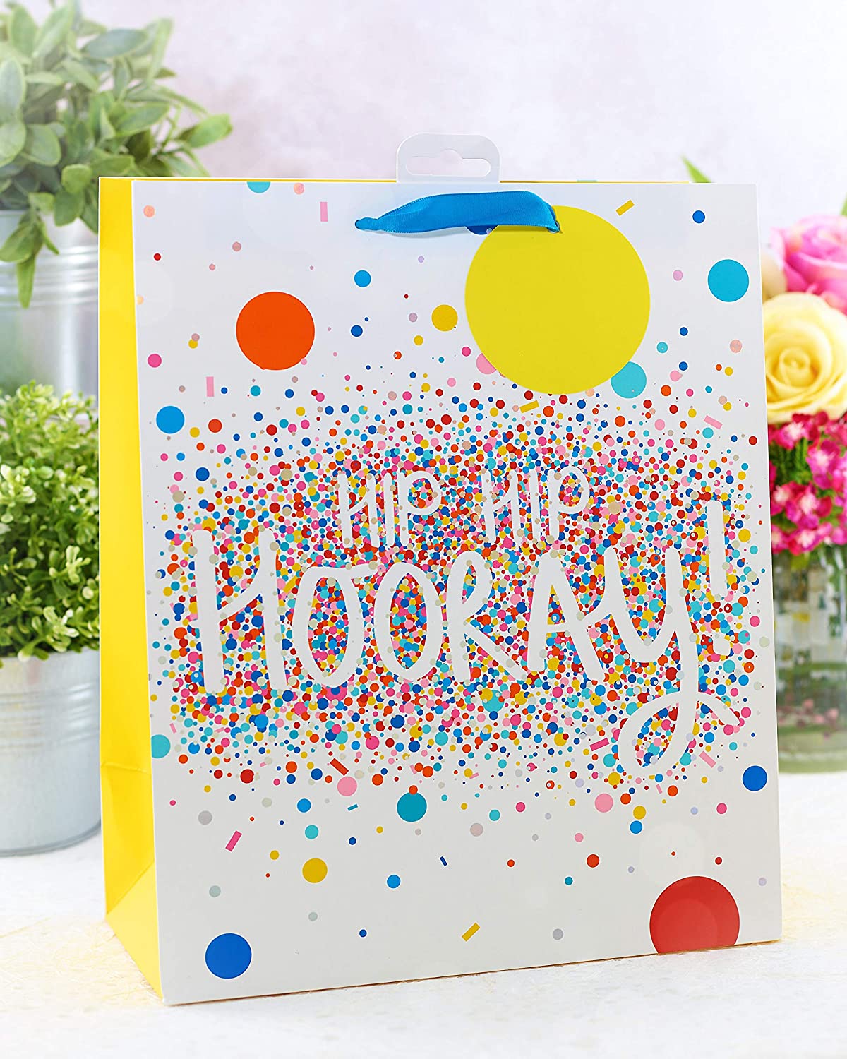 UK Greetings Hip Hip Hooray large gift bag with colorful "Hip Hip Hooray" design, perfect for celebrations and gift-giving.