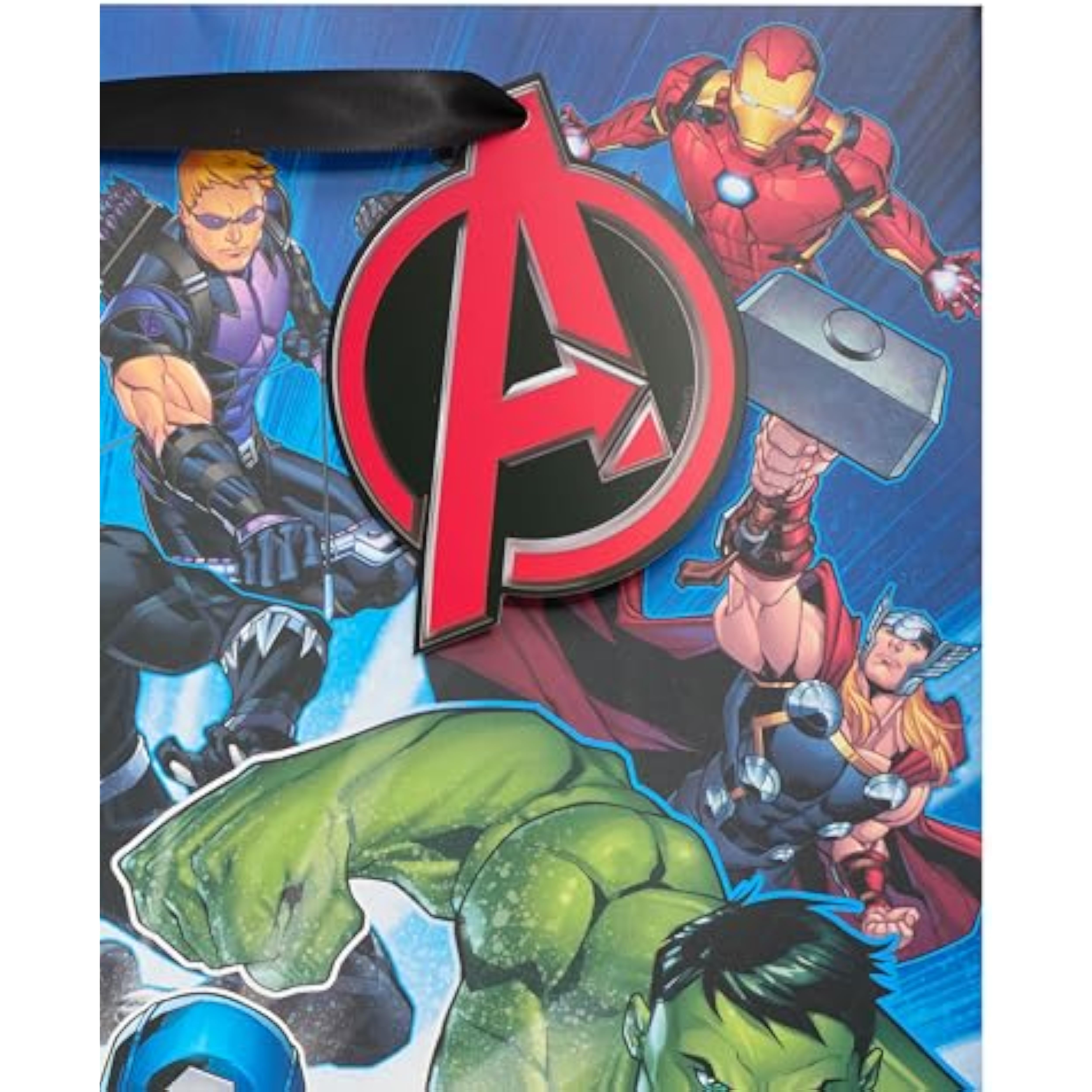 Large UK Greetings Avengers gift bag for boys featuring Marvel heroes design, perfect for gift packaging.