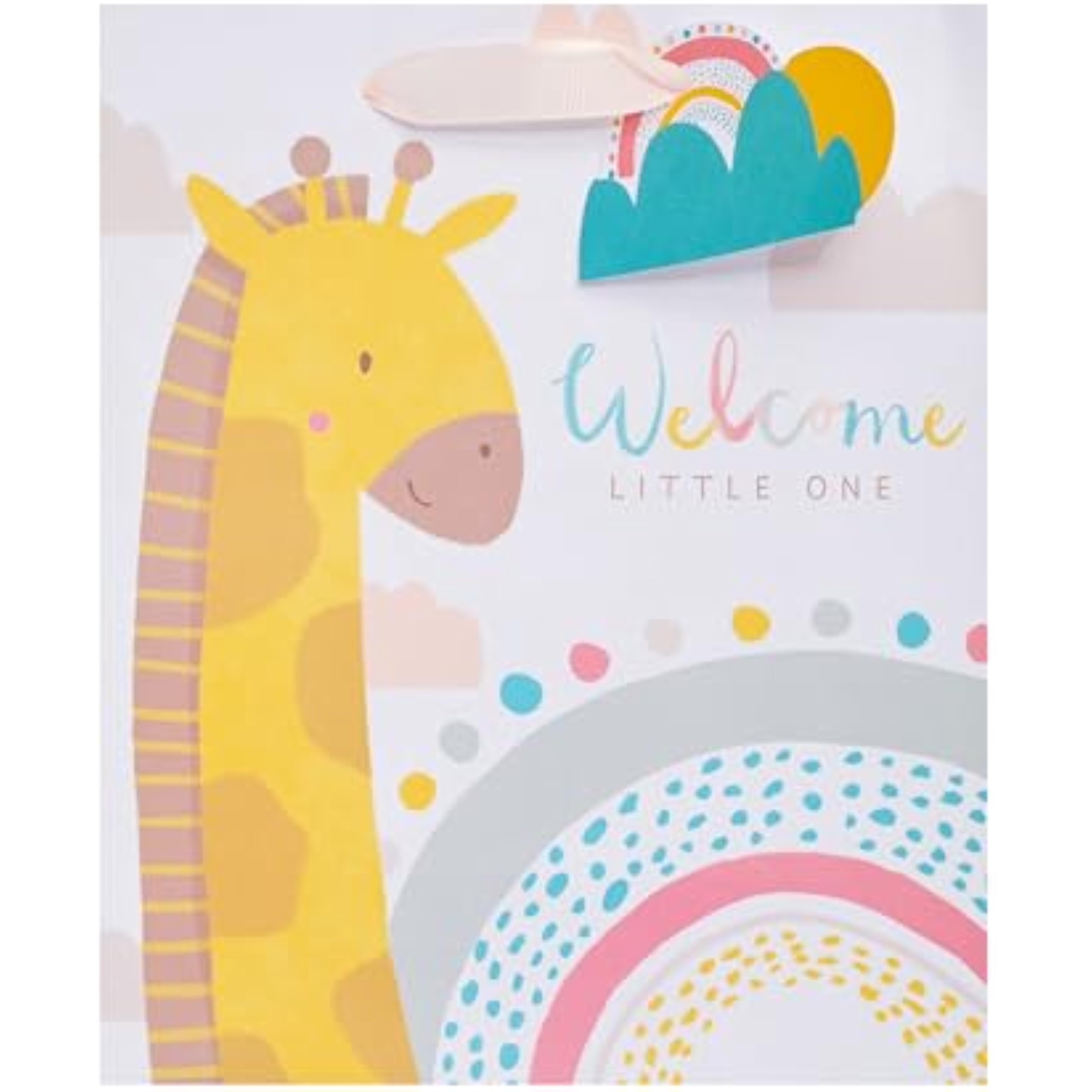 UK Greetings medium gift bag with cute giraffe design, ideal for new baby boy or girl, featuring colorful baby-themed illustrations.