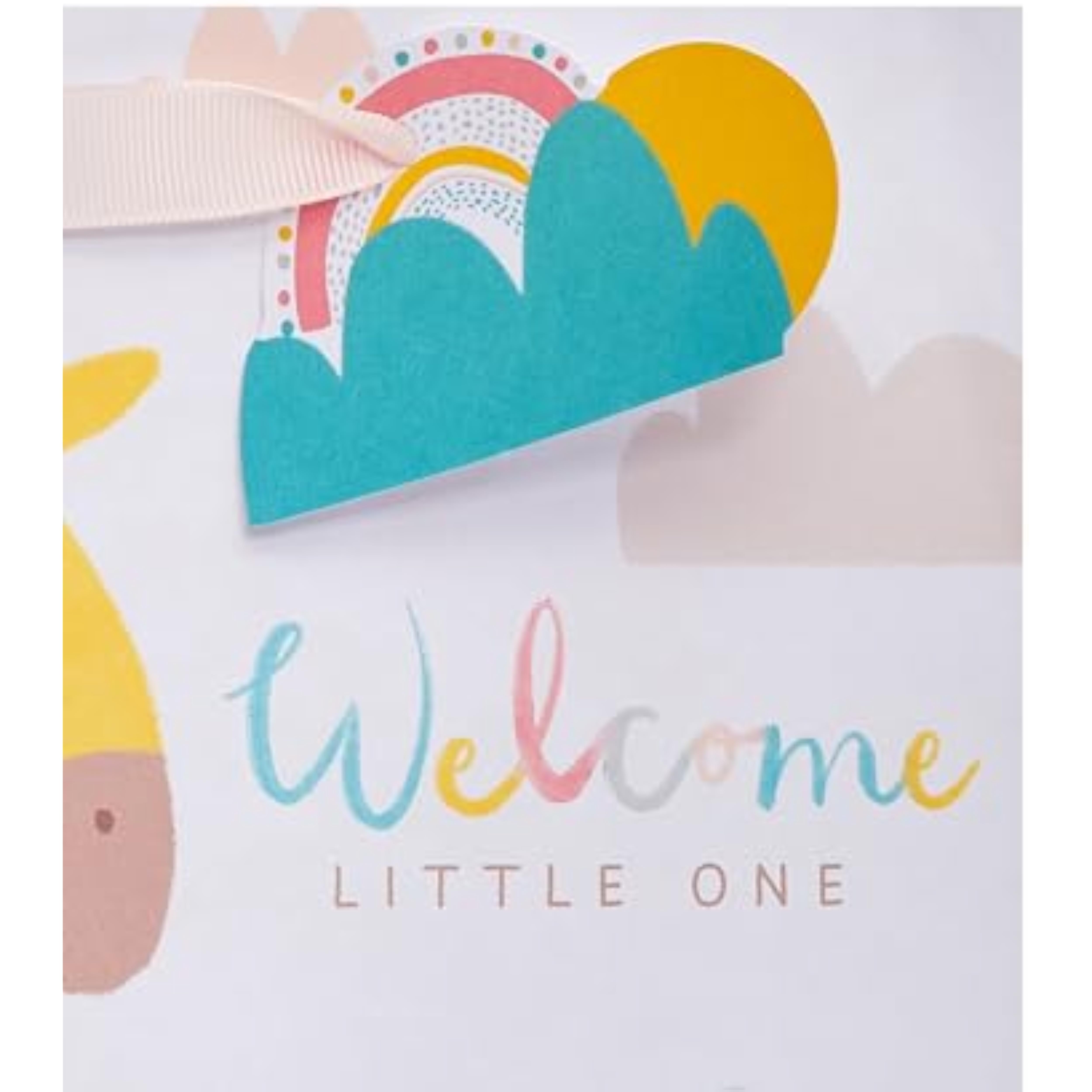 UK Greetings medium gift bag with cute giraffe design for new baby boy or girl, featuring playful animal illustrations.