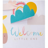 UK Greetings medium gift bag with cute giraffe design for new baby boy or girl, featuring playful animal illustrations.