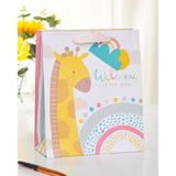 UK Greetings medium gift bag with cute giraffe design for new baby boy or girl, featuring cheerful animal illustration.