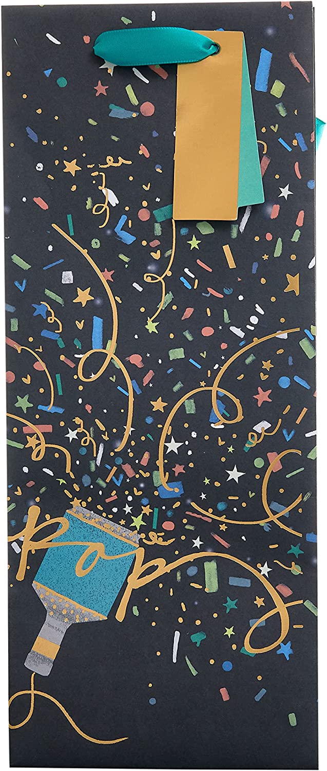 UK Greetings Party Popper design bottle gift bag, colorful paper gift bag with festive party popper graphics for special occasions.