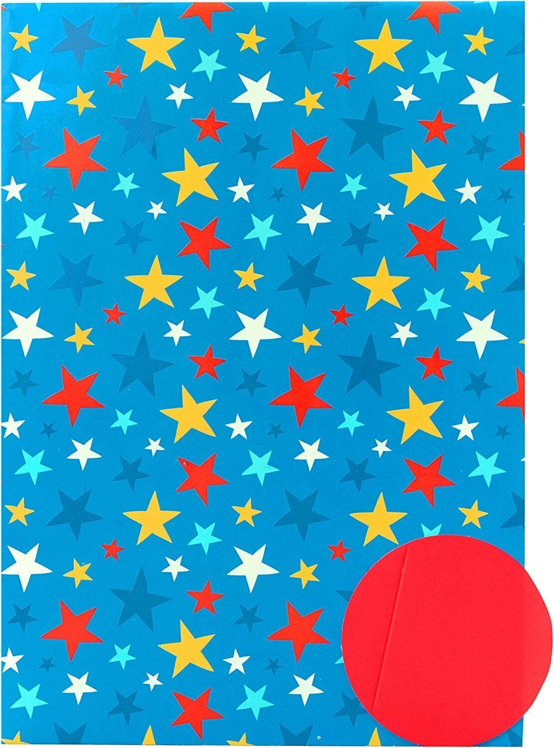 Blue star-patterned gift wrap by UK Greetings, featuring vibrant blue stars on high-quality packaging paper.