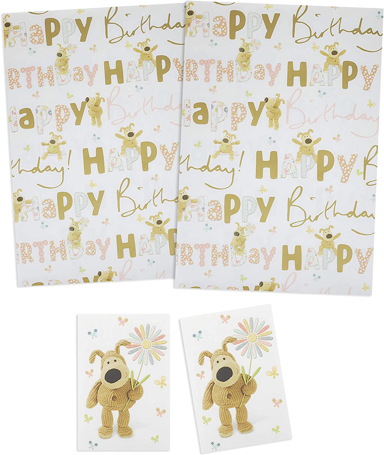 UK Greetings Boofle happy birthday gift wrap with matching tag, featuring colorful birthday-themed design and adorable Boofle character.
