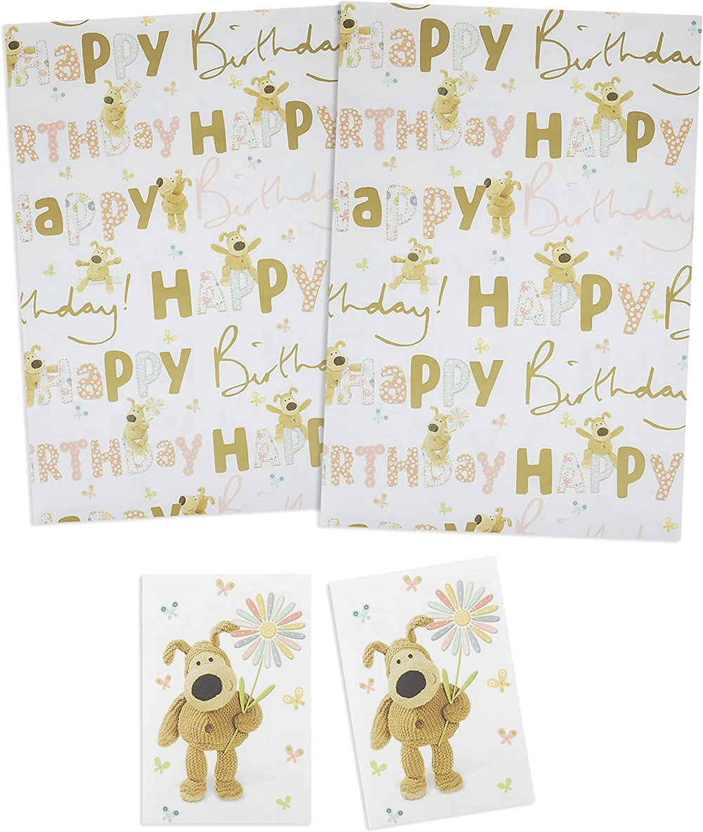 UK Greetings Boofle happy birthday gift wrap with matching tag, featuring colorful birthday-themed design and adorable Boofle character.