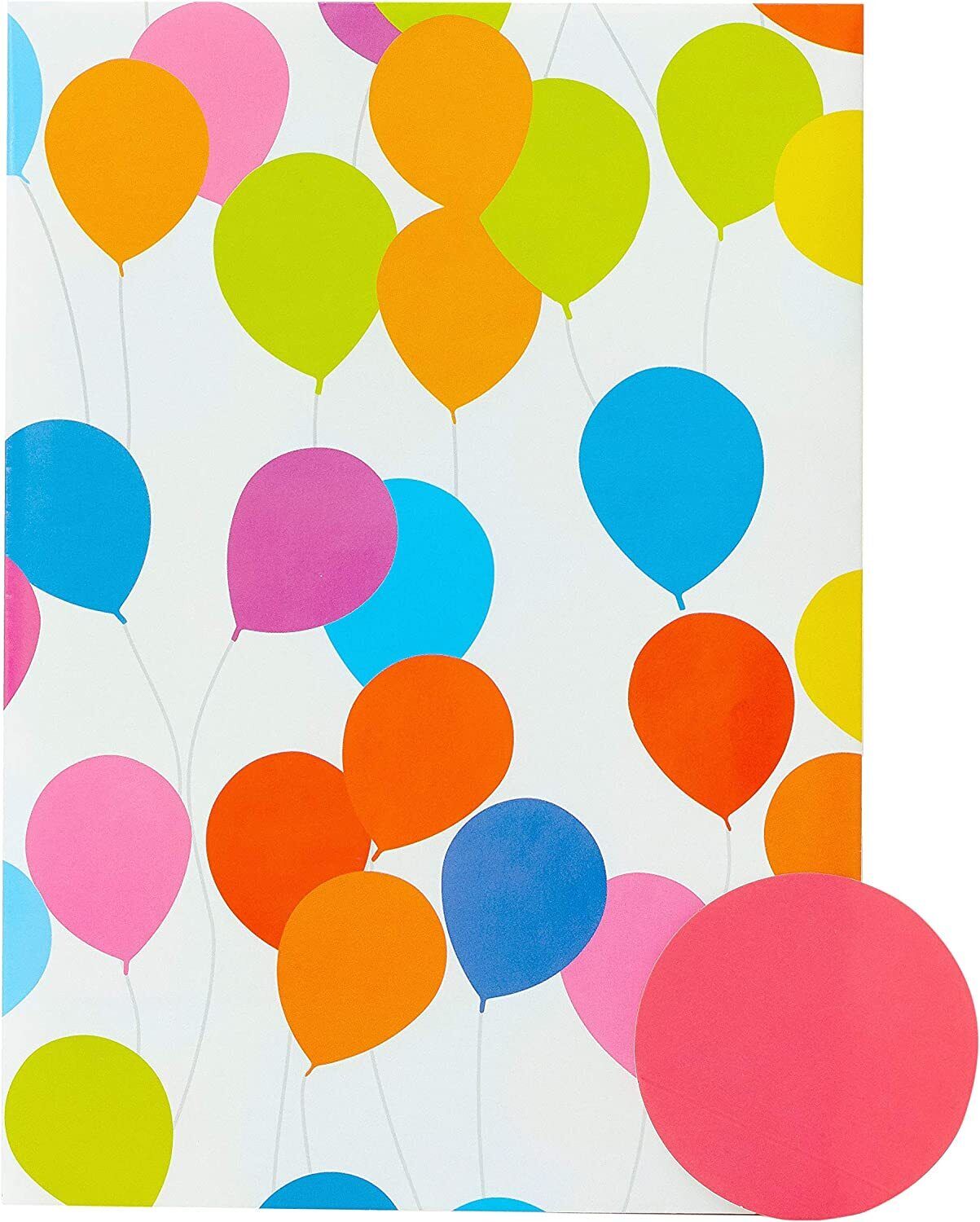 UK Greetings Bright Balloons gift wrap with colorful balloon pattern on two sheets and two matching tags.