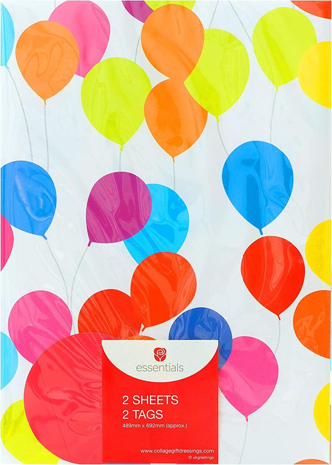 UK Greetings Bright Balloons gift wrap with colorful balloon design on two sheets and two matching gift tags.