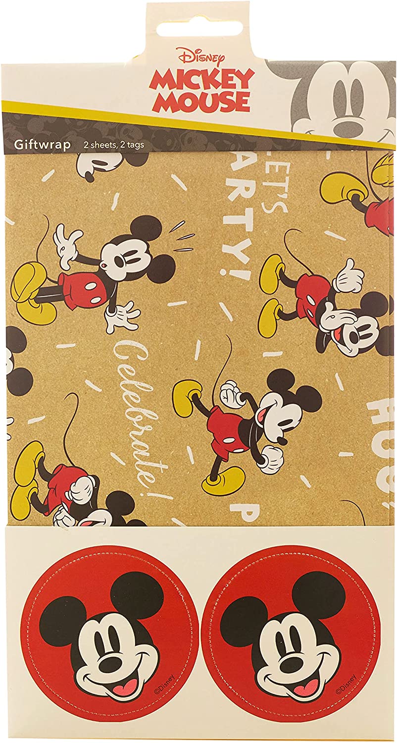 Disney Mickey Mouse gift wrap by UK Greetings, featuring birthday-themed wrapping paper with Mickey Mouse designs and matching tags.