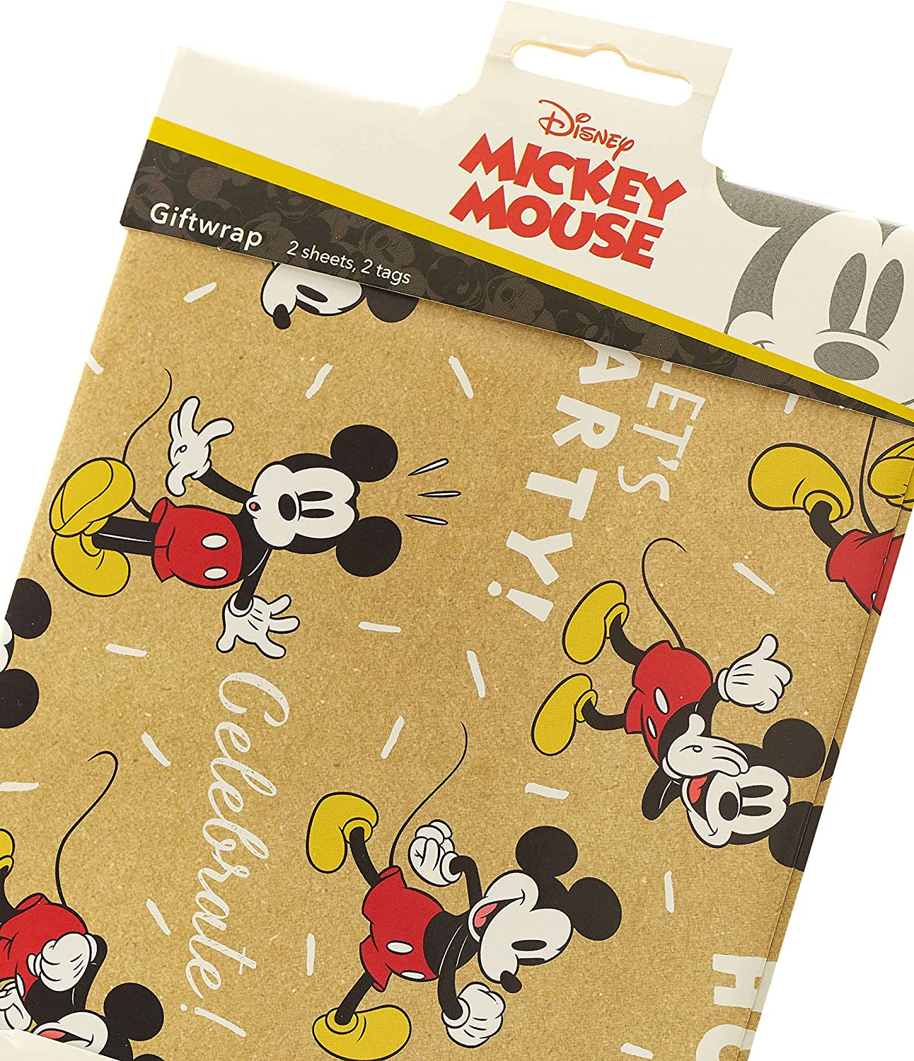 UK Greetings Disney Mickey Mouse gift wrap with 2 sheets and 2 tags, featuring colorful Mickey Mouse birthday design.