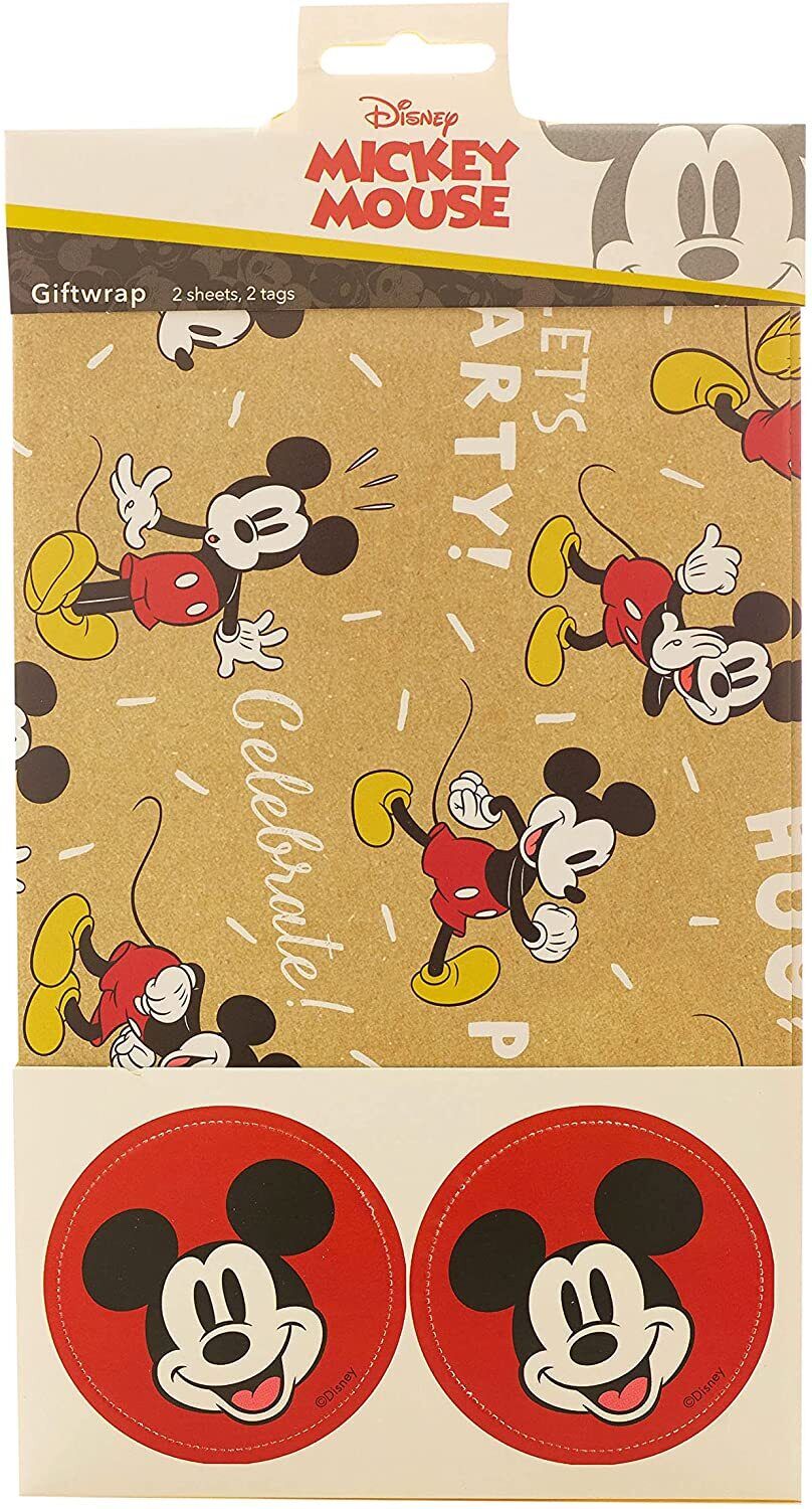 UK Greetings Disney Mickey Mouse gift wrap with two sheets and tags, featuring colorful Mickey Mouse birthday-themed wrapping paper.