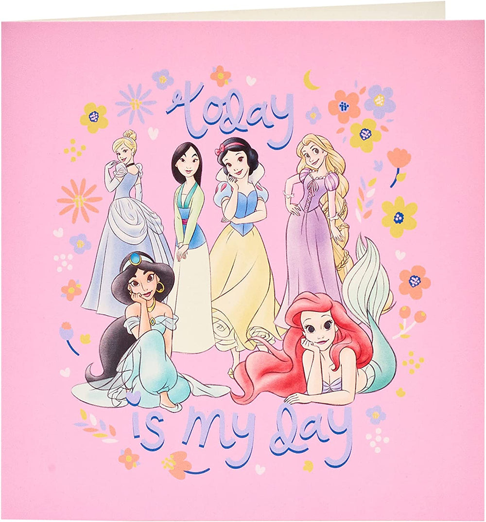 Disney Princess gift wrap with matching gift tag and card from UK Greetings, featuring colorful princess characters and decorative designs.
