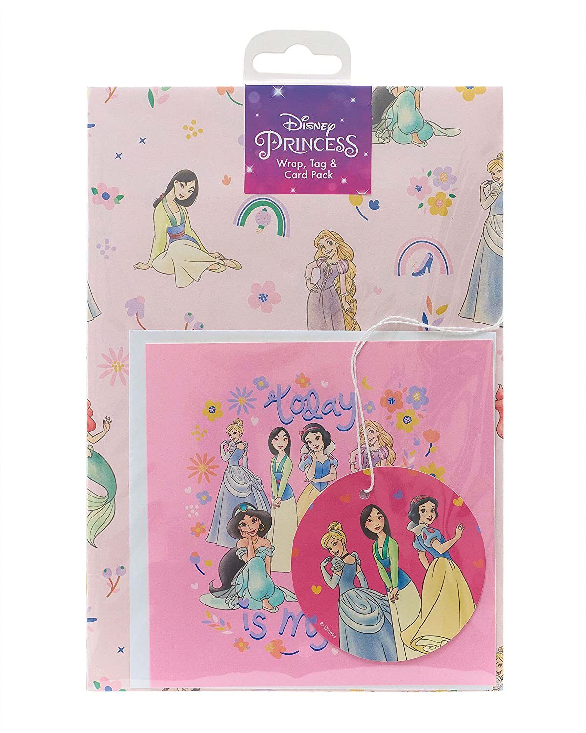 Disney Princess gift wrap with matching gift tag and card by UK Greetings, featuring colorful princess illustrations.