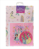 Disney Princess gift wrap with matching gift tag and card by UK Greetings, featuring colorful princess illustrations.
