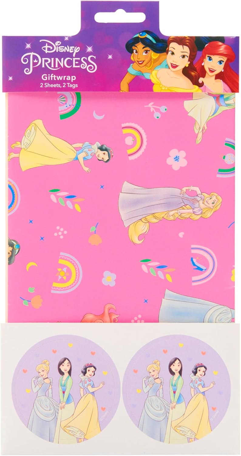 Disney Princess gift wrap by UK Greetings featuring pink and purple sheets with matching gift tags, perfect for special occasions.