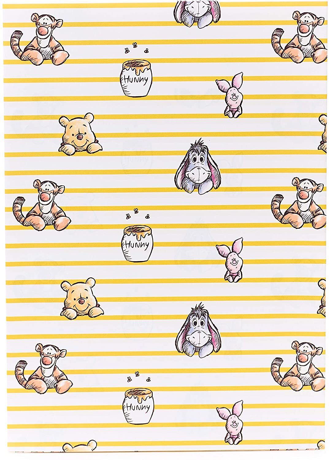 Disney Winnie the Pooh gift wrapping paper from UK Greetings, includes 2 sheets and 2 tags with cheerful Pooh design.