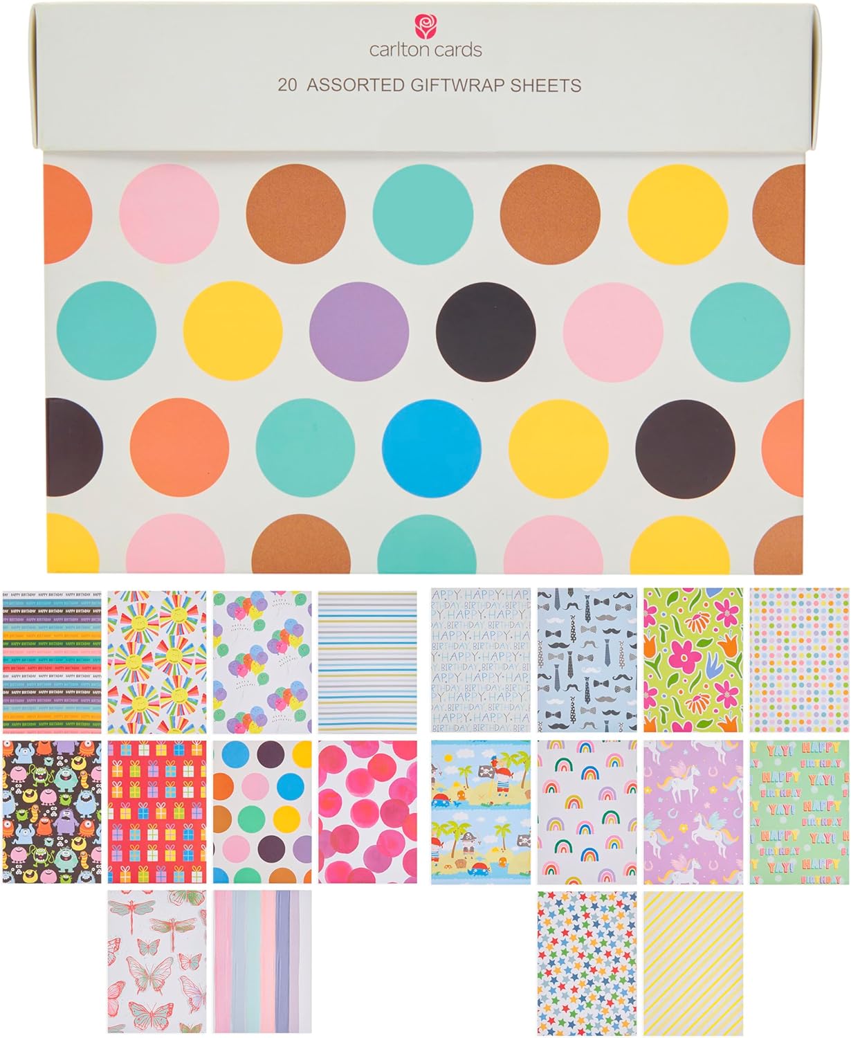 Decorative folded wrapping paper by UK Greetings, featuring colorful gift wrap design suitable for wrapping presents.