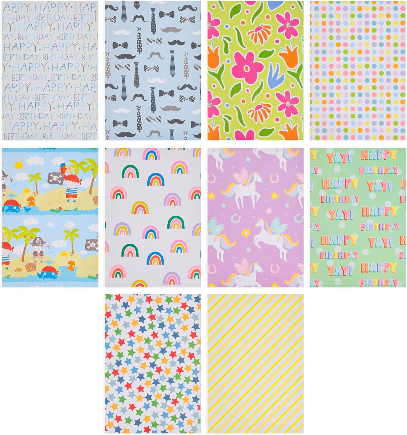 Folded UK Greetings gift wrap with colorful patterns, ideal for wrapping presents and special occasions.
