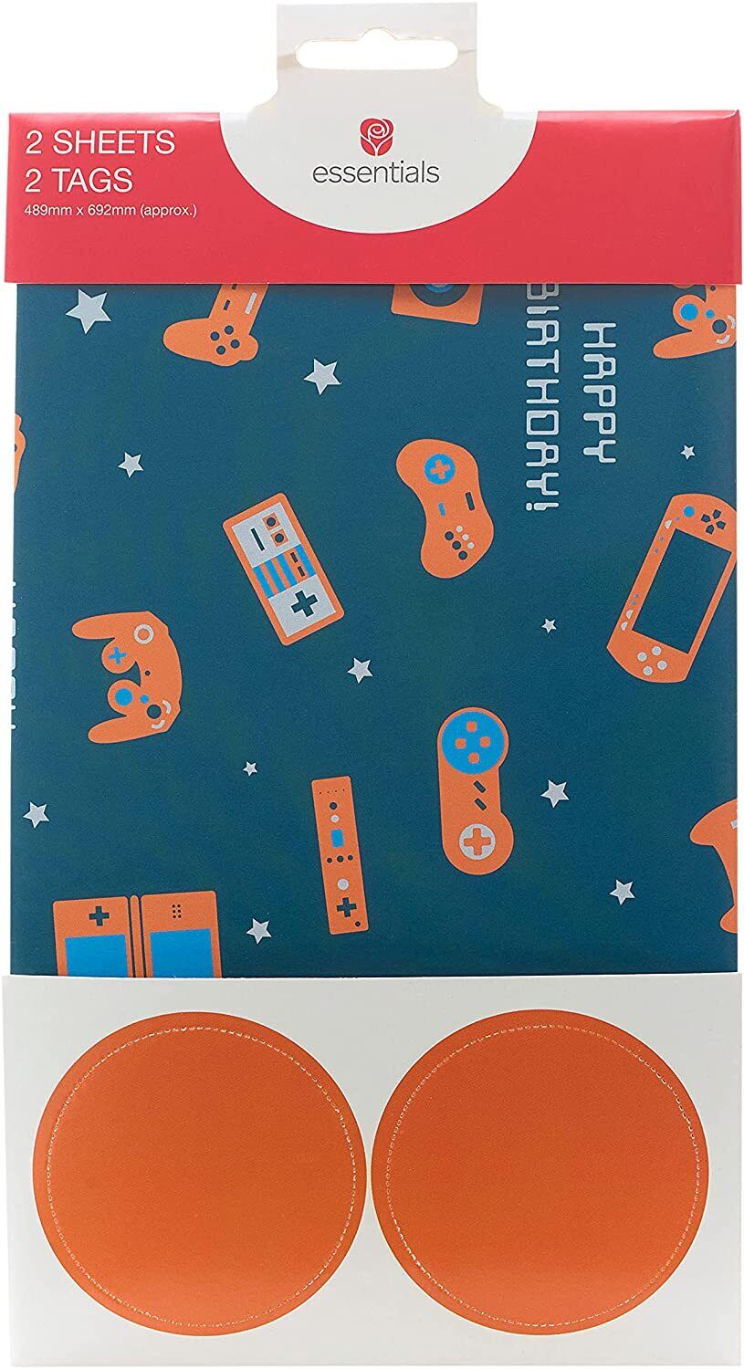 UK Greetings Gamer birthday gift wrapping paper with 2 sheets and 2 tags, featuring colorful gaming-themed designs.