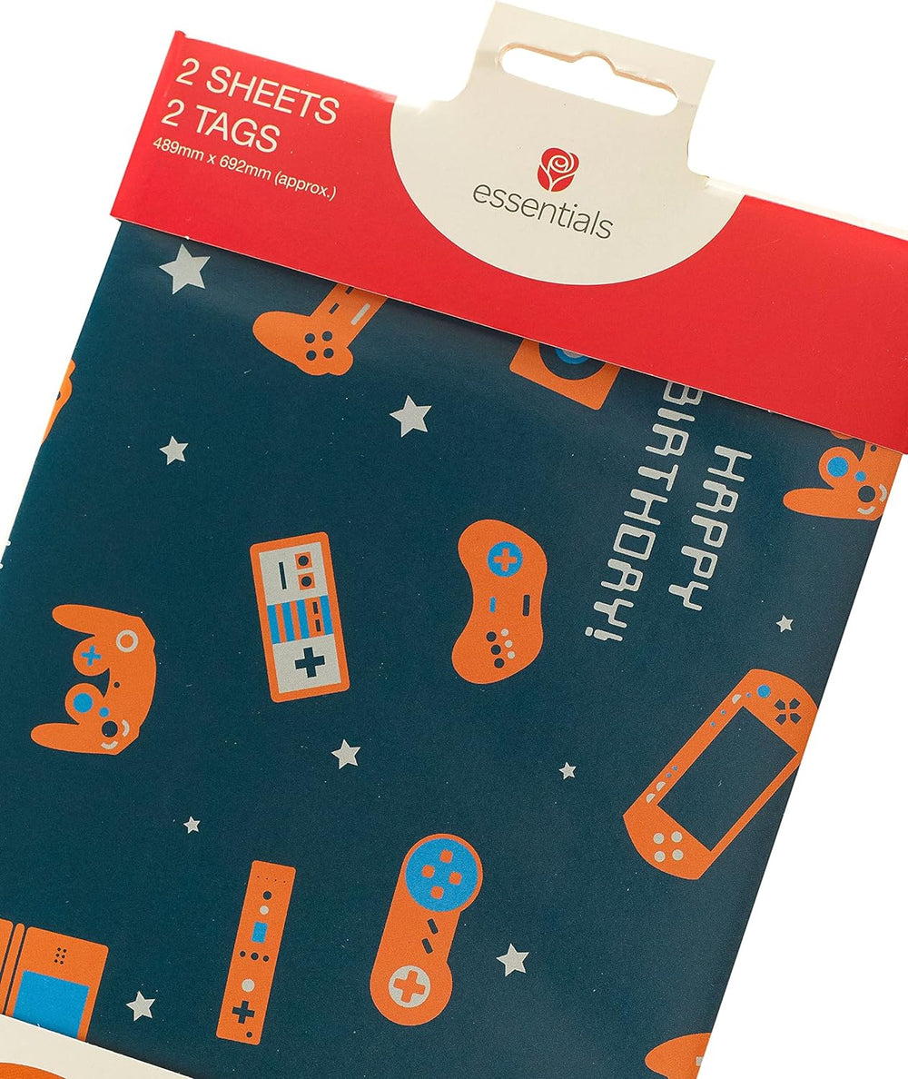 UK Greetings Gamer birthday gift wrap with colorful gaming-themed design, includes 2 sheets and 2 matching tags.