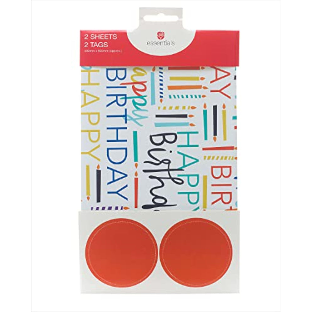 UK Greetings birthday-themed gift wrap with colorful patterns, two sheets of wrapping paper, and matching gift tags.
