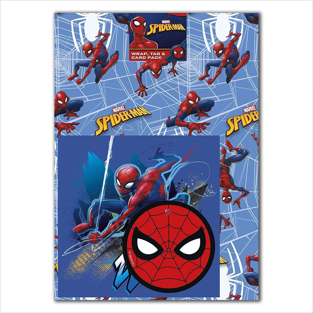 Marvel Spiderman gift wrap, gift tag, and card set by UK Greetings featuring Spider-Man superhero design.