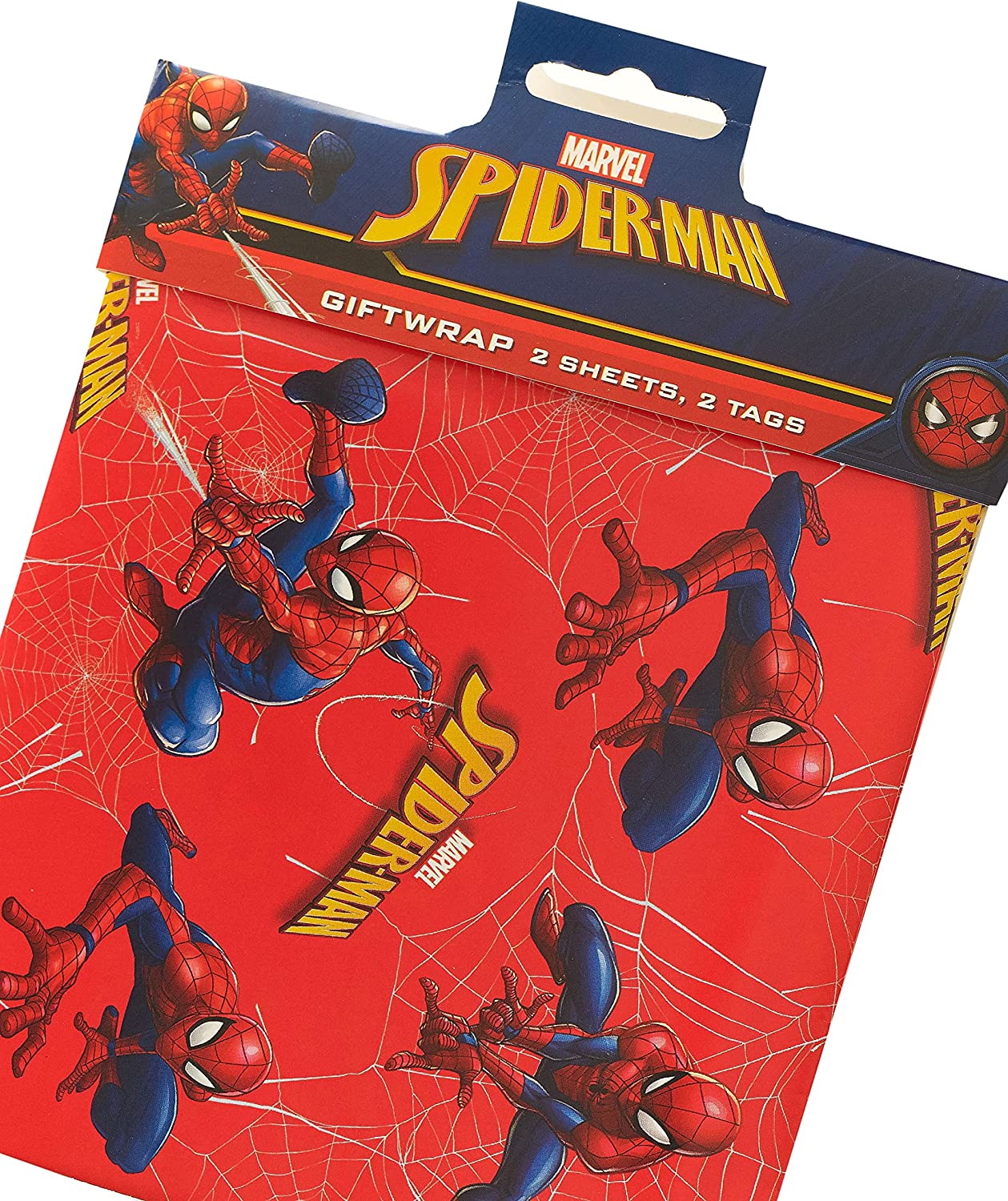 Marvel Spiderman gift wrap from UK Greetings featuring red and blue Spiderman design on two sheets with two matching tags.