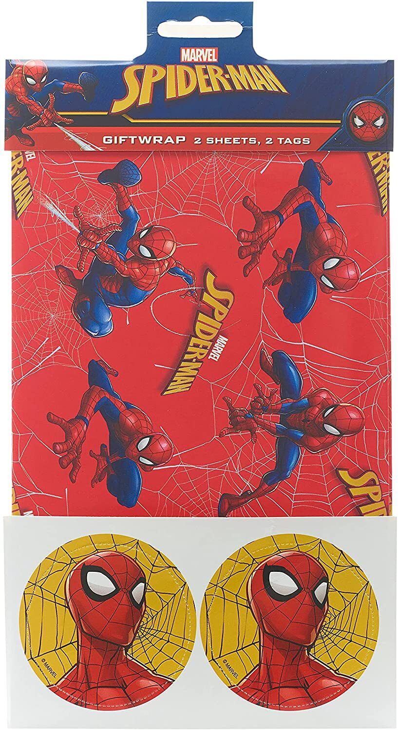 UK Greetings Marvel Spiderman gift wrap with two sheets and two tags featuring Spiderman character and comic-style design.