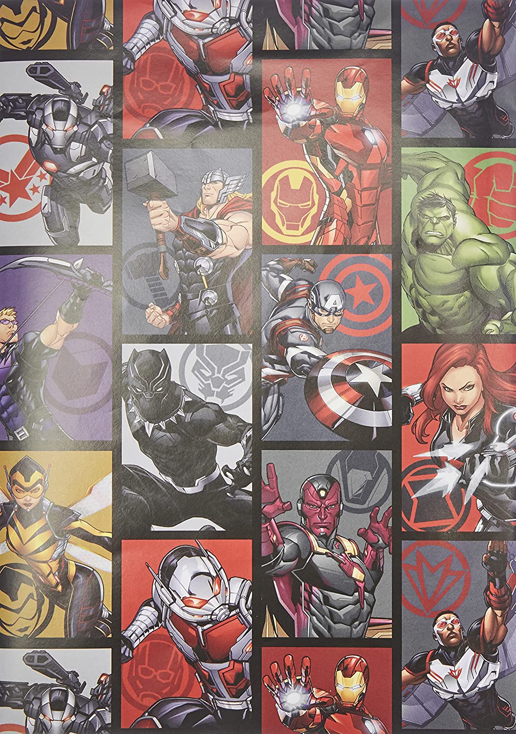 Marvel Avengers hero gift wrap by UK Greetings with two sheets and two gift tags featuring superhero-themed designs.