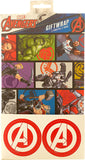 Marvel Avengers gift wrap by UK Greetings showing hero-themed design on two sheets with matching gift tags.
