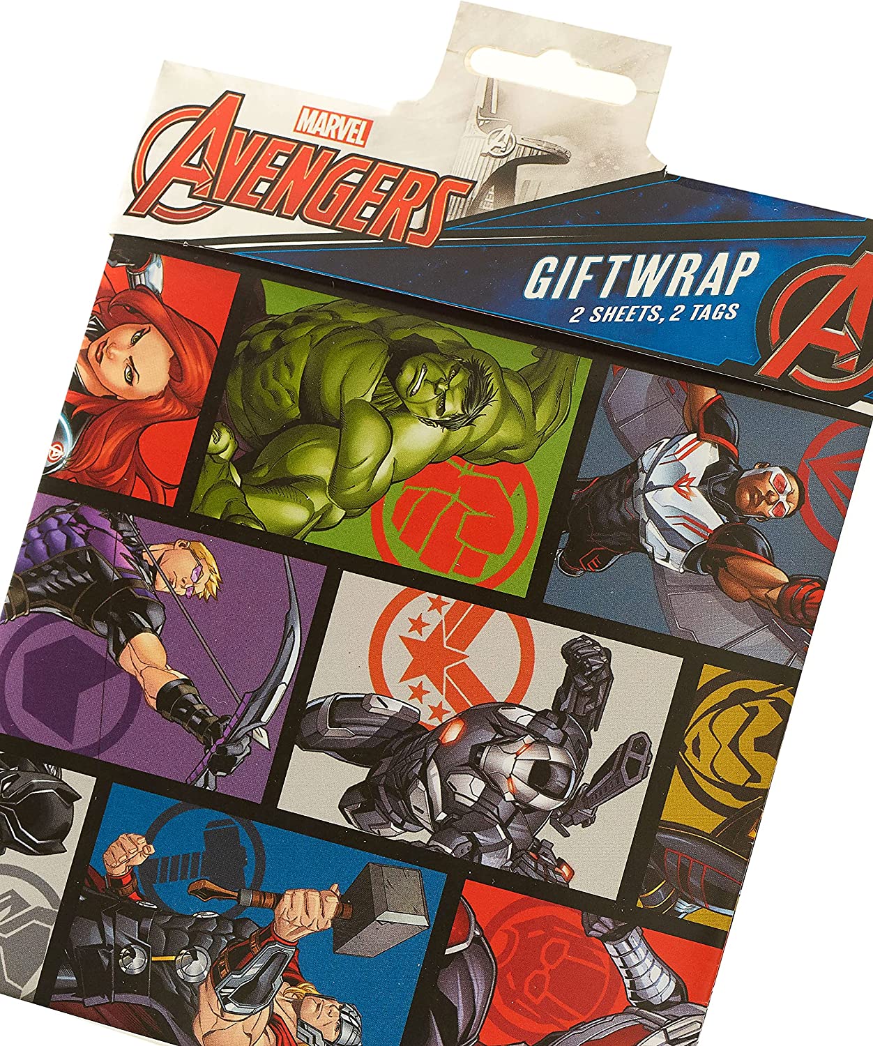 Marvel The Avengers hero gift wrap by UK Greetings, featuring vibrant superhero designs on two sheets with matching gift tags.