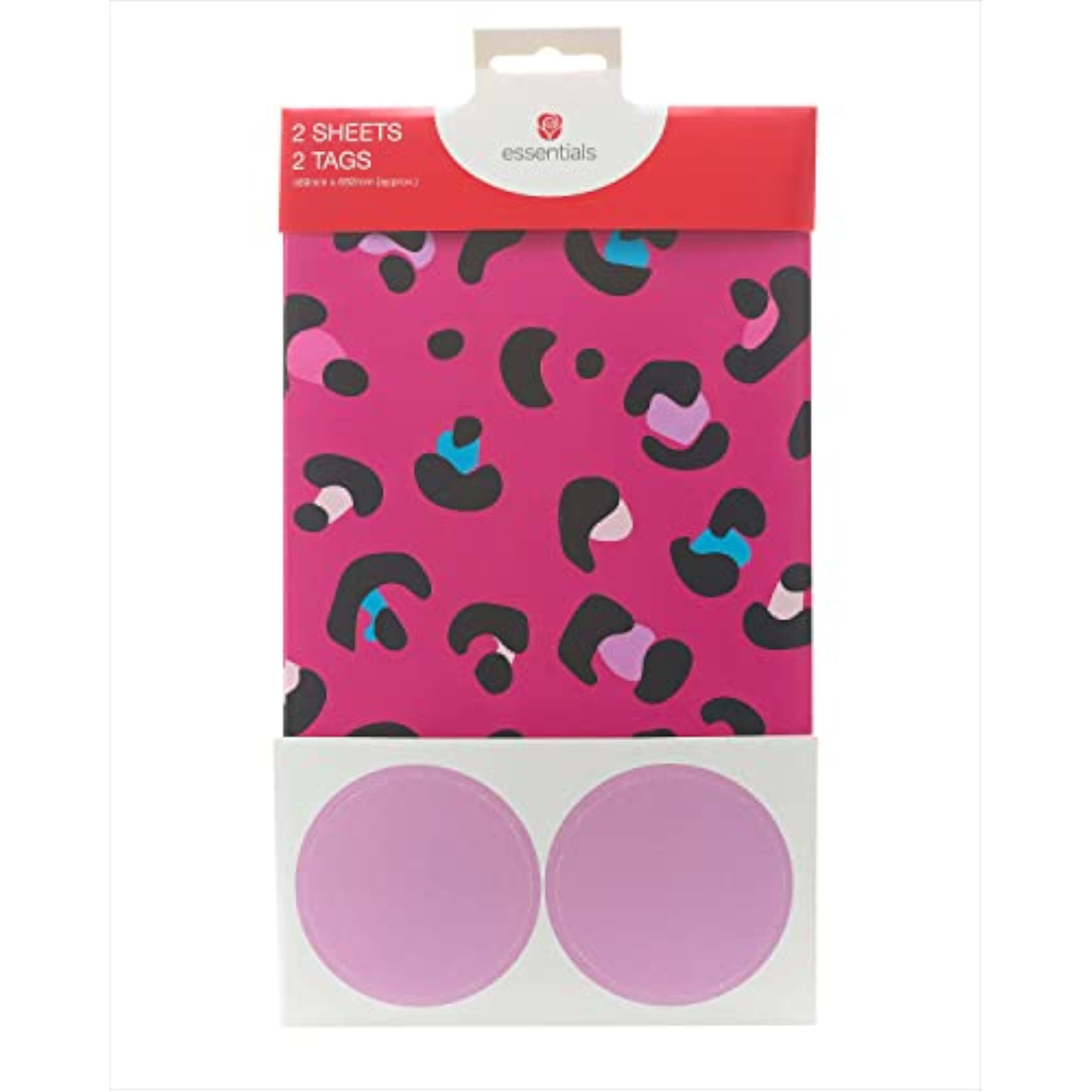 UK Greetings pink leopard print gift wrap pack with two sheets and tags, featuring stylish animal print design.