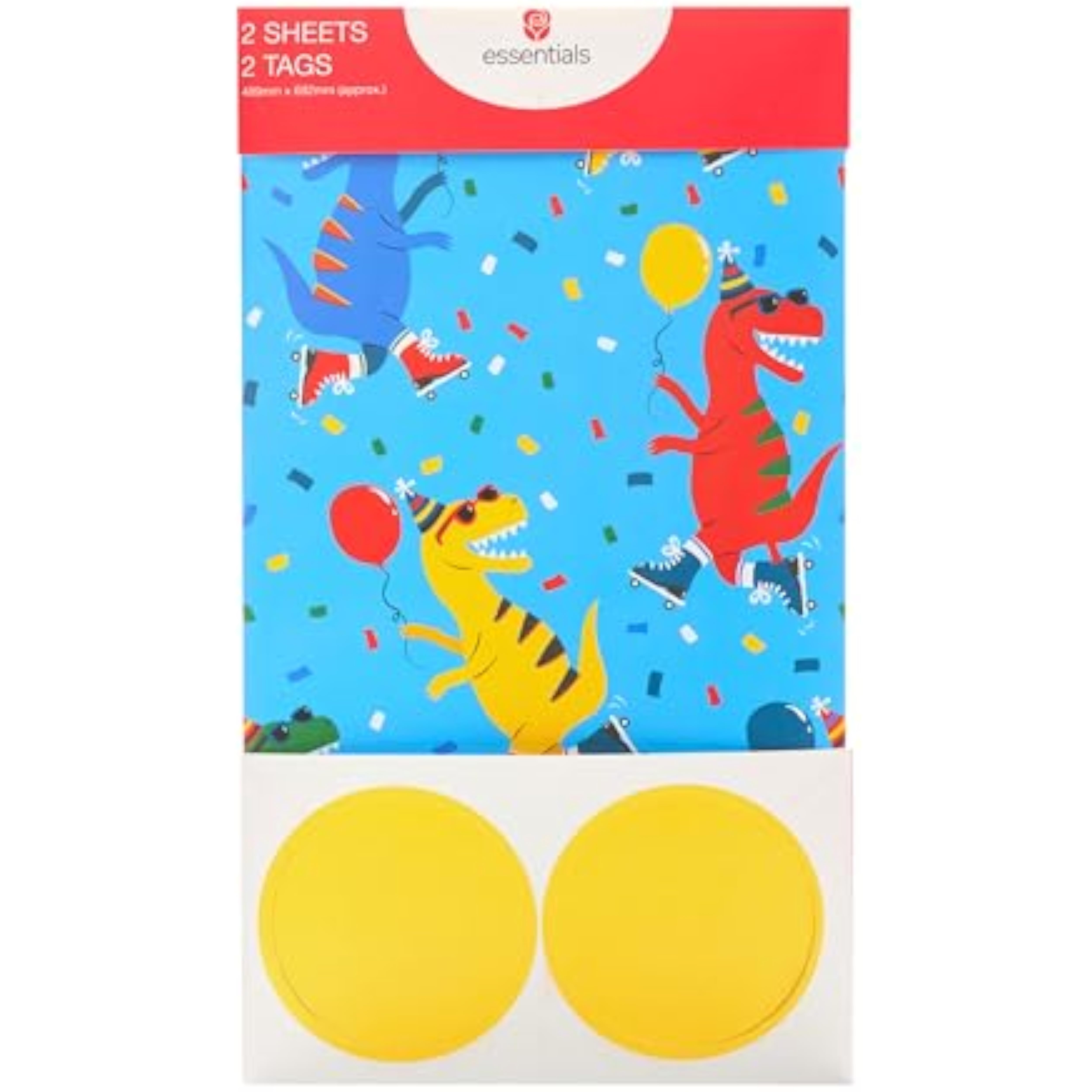 UK Greetings skating dinosaur gift wrap with colorful dinosaur illustrations on two sheets and two matching tags.